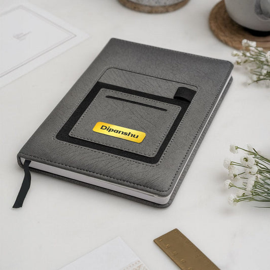 Personalized Grey Notebook with Pen Holder.