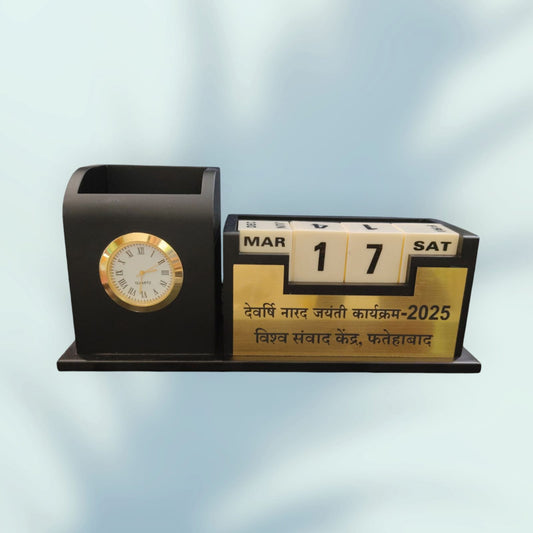 Personalized Wooden Pen Stand With Clock And Calendar